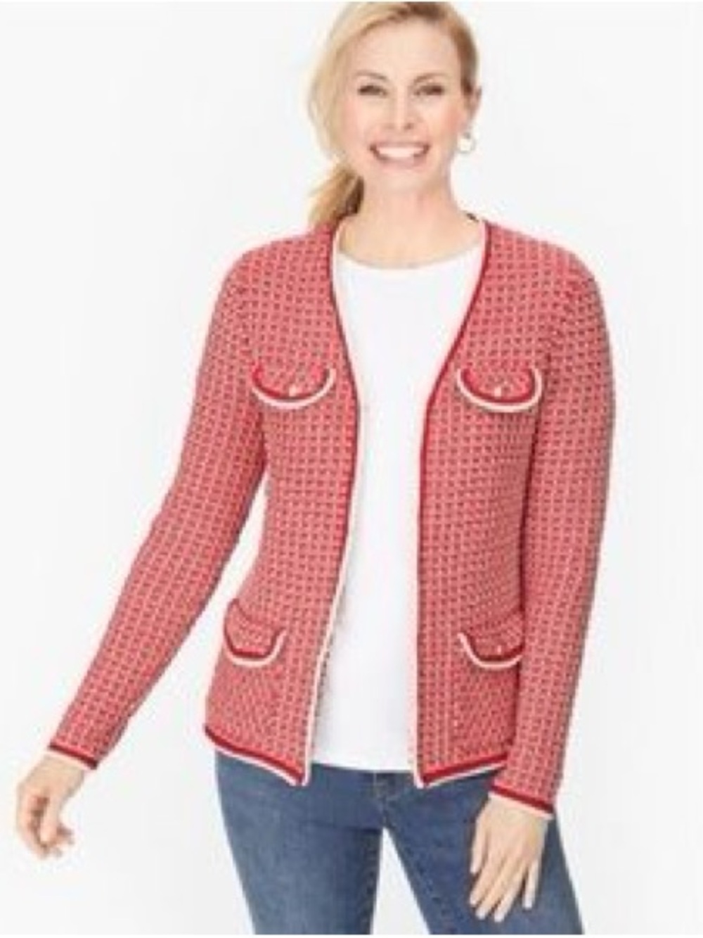 Talbots ~ Classic Red & White Tweed Knit Cardigan ~ Large ~ New with Tags